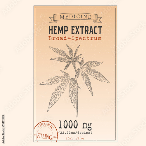 Cannabis tincture packaging design. Marijuana logo template with hand drawn elements. Vector illustration in sketch vintage style with grunge texture