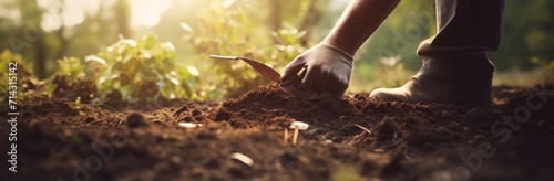 a hand digging into a ground is in focus at the edge of a clearing