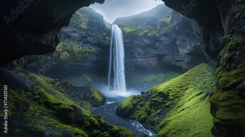  a waterfall in the middle of a lush green valley with moss growing on the rocks and a small stream running between the two sides of the cave s walls.