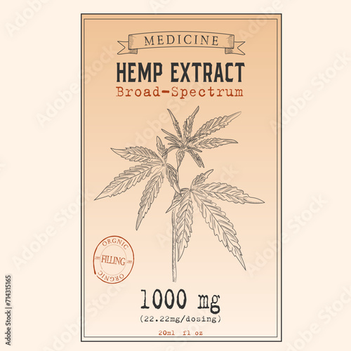 Cannabis tincture packaging design. Marijuana logo template with hand drawn elements. Vector illustration in sketch vintage style