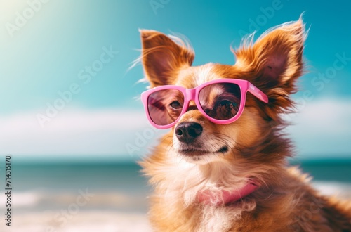 a dog wearing a pink hat and sunglasses on a beach