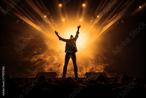 a guy standing in middle of the stage and singing with a microphone behind him