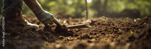 a hand digging into a ground is in focus at the edge of a clearing