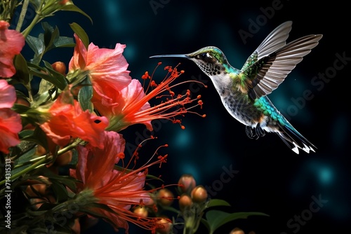 Hummingbird flying and soaring to collect nector from beautiful pink flower photo