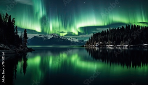 View of night sky with multicolored aurora borealis and mountain peak background. Night glows in vibrant aurora reflection on the lake with forest.  © Virgo Studio Maple