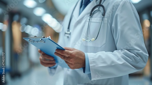Close-up of a doctor in a white coat writing notes on a clipboard.  Doctor writing notes on clipboard