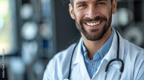 Smiling close-up of a doctor in a white coat with a stethoscope around their neck. [Smiling doctor with stethoscope