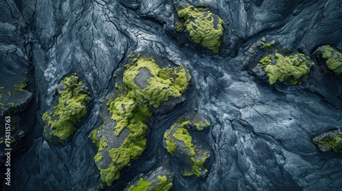  an aerial view of a rock formation with green moss growing on the rocks and the water in the middle of the rock is blue and has green moss growing on the rocks.