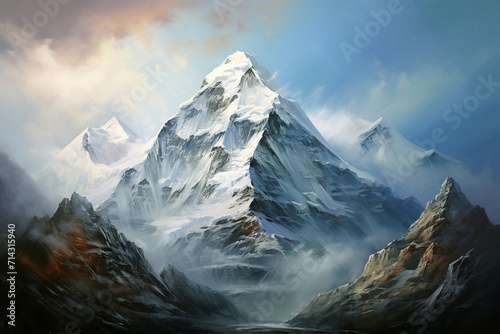 Winter Mount Everest Painting, Rustic Landscape, claude monet style