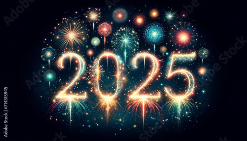 Celebrating New Years 2025 written in the dark night sky with bright bursting fireworks
