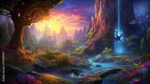 Fantasy landscape with vibrant colors and enchanted nature. World of imagination. © Postproduction