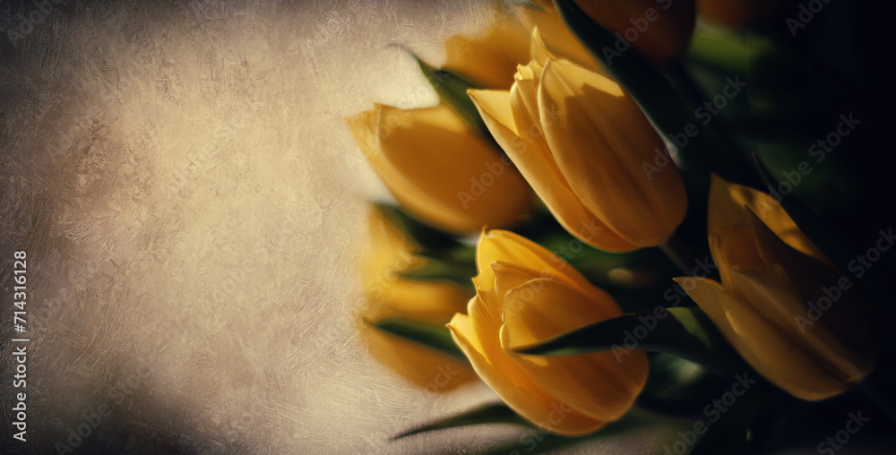 Fototapeta premium Kartka, wiosenne kwiaty tulipanów, miejsce na tekst, życzenia