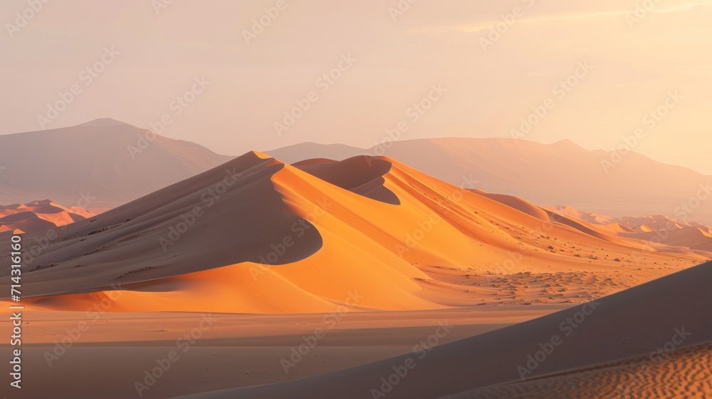  a desert landscape with sand dunes and mountains in the background at sunset or sunrise in the middle of the desert, with a few clouds in the sky, in the foreground, in the foreground,.