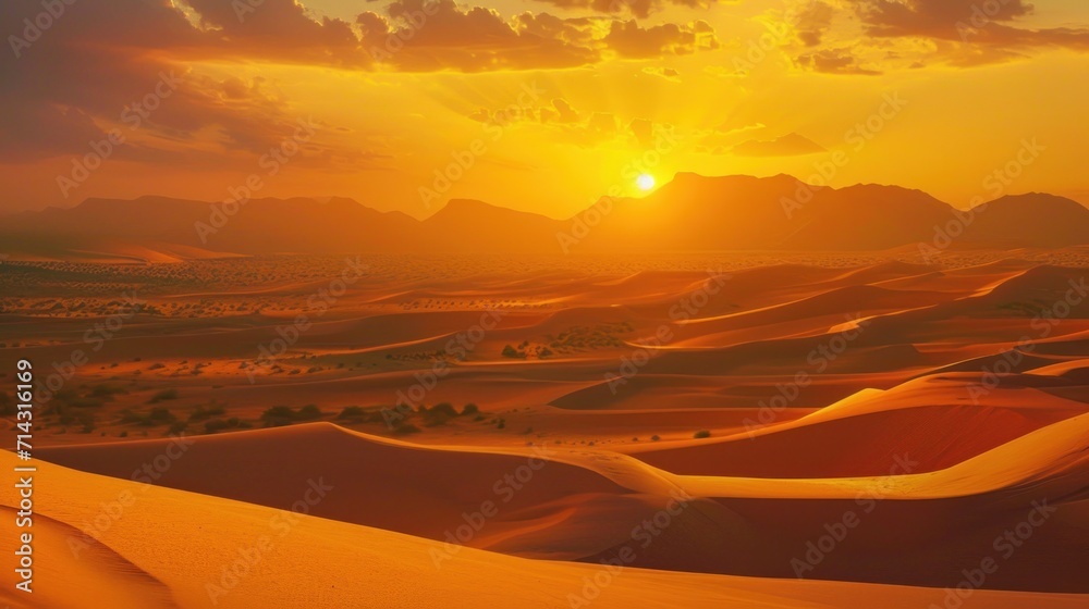  the sun sets over a desert landscape with sand dunes and mountains in the distance, with sparse trees in the foreground, and a few bushes and bushes in the foreground.