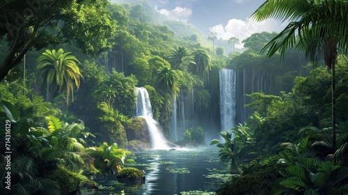  a painting of a waterfall in the middle of a jungle with lots of trees and plants on either side of the waterfall is a body of water surrounded by lush vegetation.