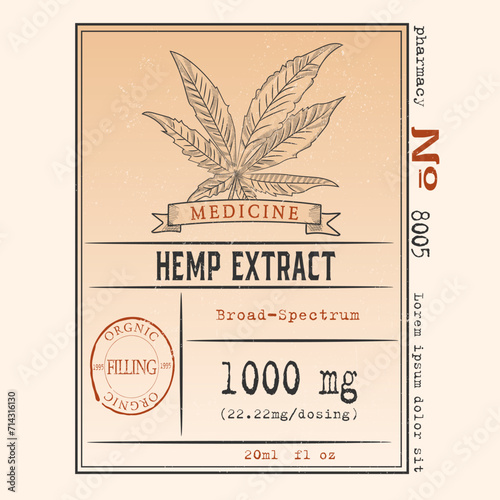 Cannabis tincture design on bottle. Marijuana logo template with hand drawn elements. Vector illustration in sketch vintage style with grunge texture