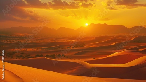  the sun sets over a desert landscape with sand dunes and mountains in the distance, with sparse trees in the foreground, and a few bushes and bushes in the foreground. © Anna