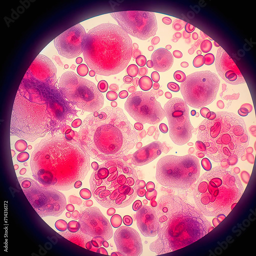 Blood cells in human body under microscope view, 3D illustration.
