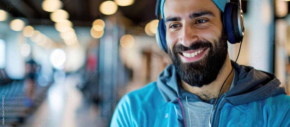 Happy young Middle Eastern athlete using smartphone and listening to music at gym after training, closeup. Happy young Middle Eastern athlete using smartphone and listening to music at gym after training, closeup.
