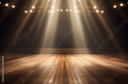 a stage with spotlights and a wooden floor