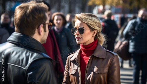 a woman wearing sunglasses talks with a reporter preparing to talk with politician