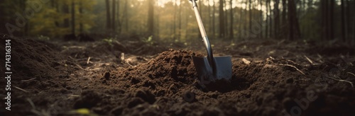 a shovel digging the ground in woodlands concept of nature on the ground