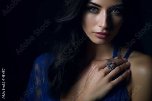 a woman wearing a deep blue gown with a beautiful blue ring with a diamond set