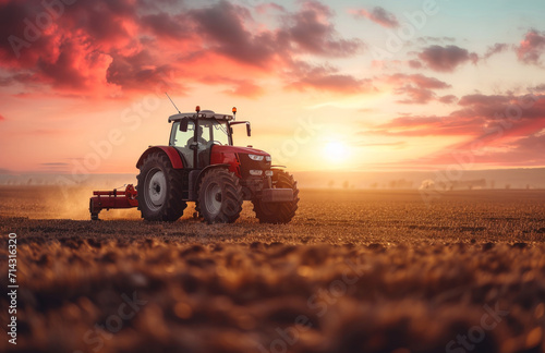 a tractor driving through a field at sunset