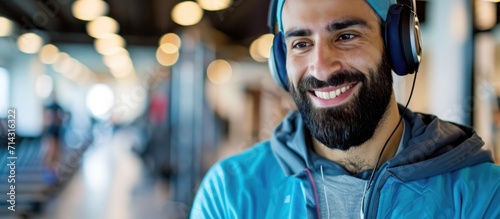 Happy young Middle Eastern athlete using smartphone and listening to music at gym after training, closeup.