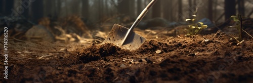a shovel digging the ground in woodlands concept of nature on the ground