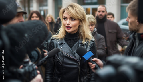 a woman speaking with journalists in the street