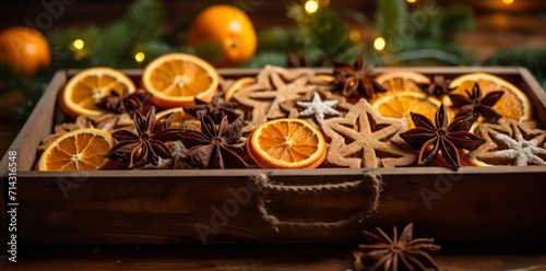 a tray with oranges, cinnamon and stars