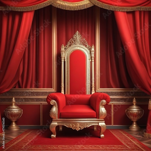 The Throne Room with Red royal chair on a background of red curtains. A realistic fantasy interior of the palace. Place for the king. Throne. 