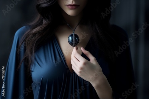 a woman is holding a ring and blue dress,
