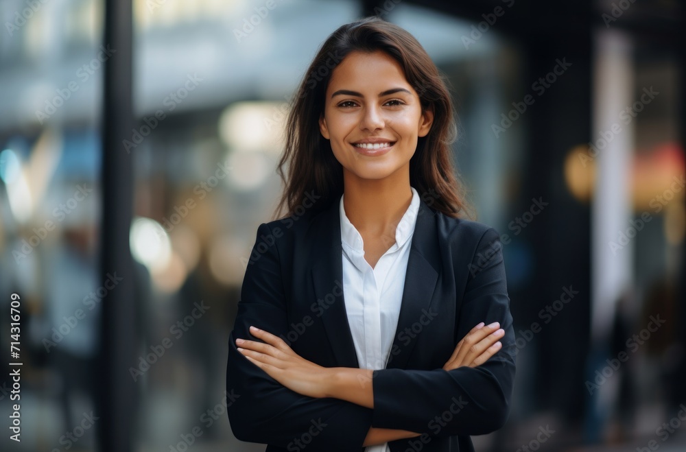 a young business woman smiles in front of an office building with her arms crossed a young business woman smiles in front of an office building with her arms crossed