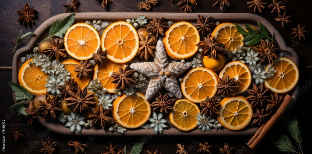 a tray with oranges, cinnamon and stars