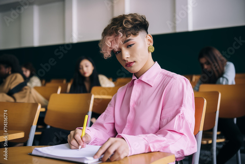 Portrait of a LGBQT student in class at a desk