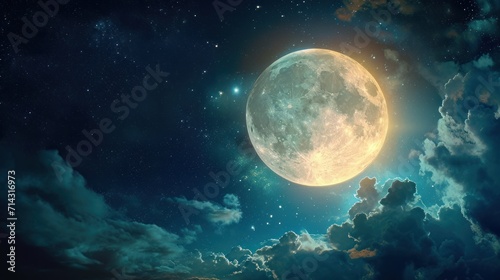 a full moon in the night sky with clouds and stars in the foreground and a dark blue sky with a few white clouds and a few stars in the foreground.
