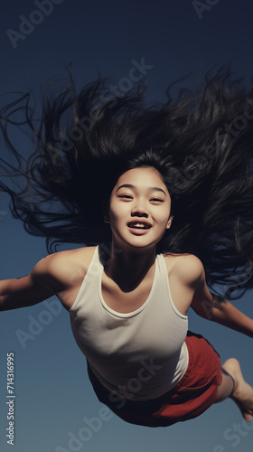 Girl with Tussled Hair Falling or Jumping in Vertical Format with Blue Background