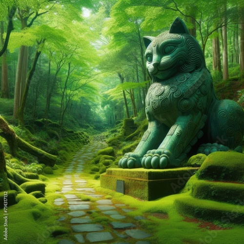 Whiskers in Stone: Ancient Cat Statue Amidst the Green Forest