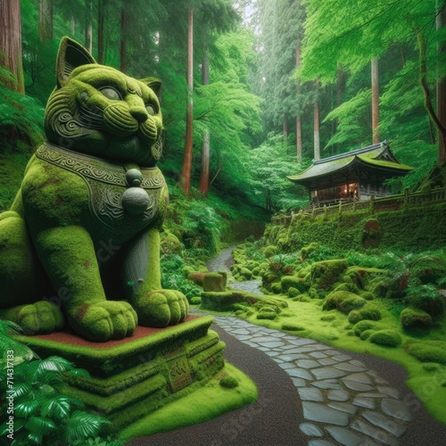 Whiskers in Stone: Ancient Cat Statue Amidst the Green Forest