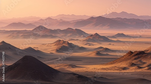  a desert landscape with mountains in the distance and a pink sky in the middle of the picture, with a few clouds in the sky, and a few hills in the foreground.