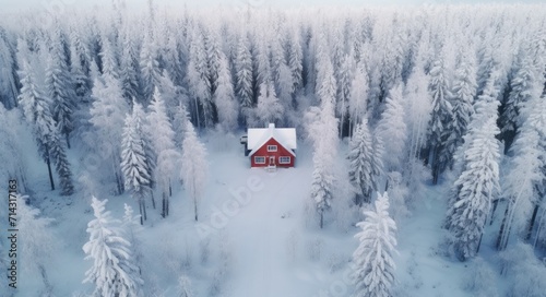 aerial shot of a small house in a winter forest with snow
