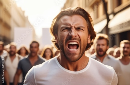 angry Caucasian protester marching on street. male activist protesting against rights violation.