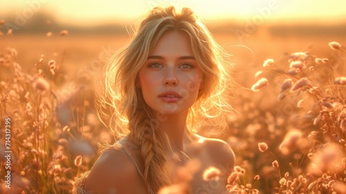  a woman standing in a field of flowers with her hair in a fishtail braid, with the sun shining behind her and her face to the left of her. © Anna