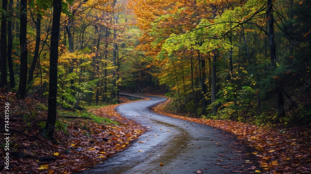  a wet road in the middle of a forest with lots of leaves on the ground and trees with yellow and orange leaves on the ground and on both sides of the road.