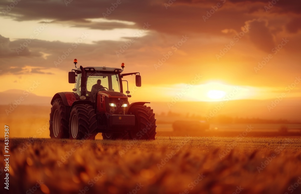 Obraz premium an tractor is driving in the field at sunset