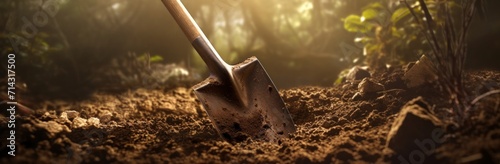 an antique digging shovel is hidden in the dirt