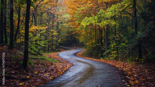  a wet road in the middle of a forest with lots of leaves on the ground and trees with yellow and orange leaves on the ground and on both sides of the road.