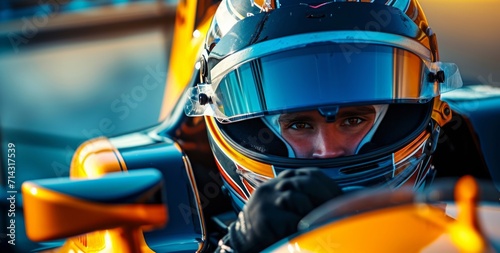 a young man is riding his race car
